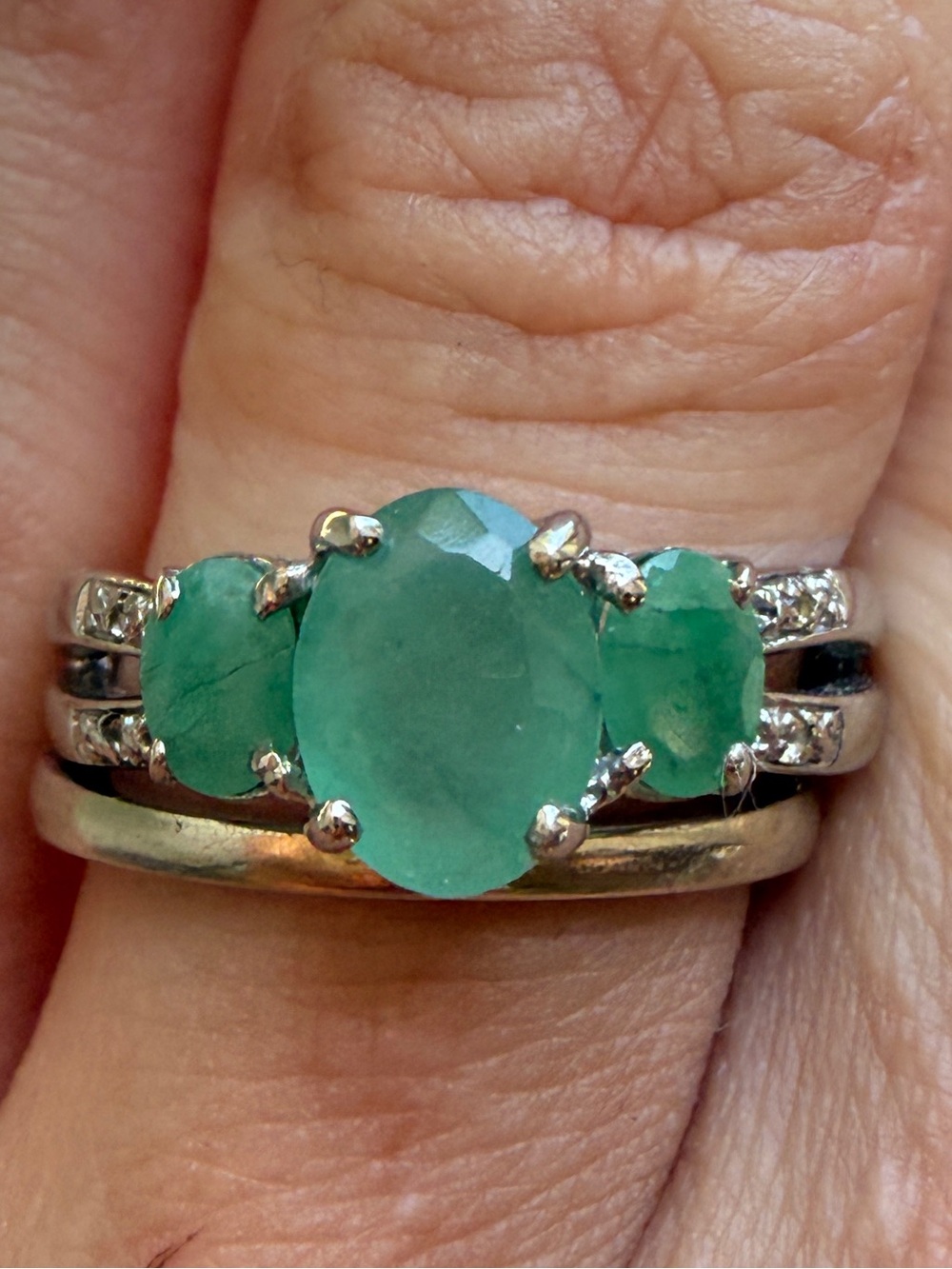 Natural Green Emerald Three-Stone Ring - Women Jewelry